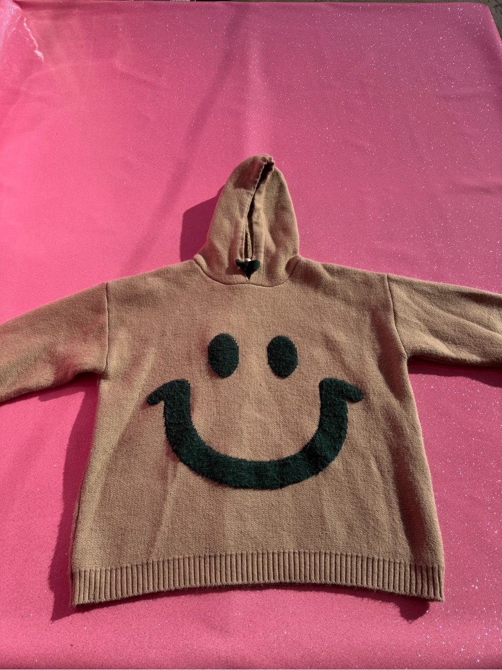 Men's Brown Crewneck Hoodie Sweater with Black Smiley Graphic